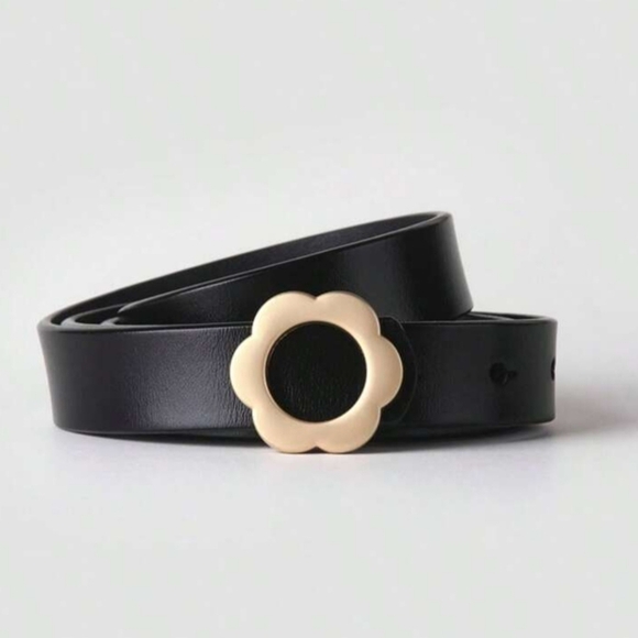 Shein | Black Fake Leather Belt with Cream Flower Buckle, Size M (Made Small) - Picture 1 of 6